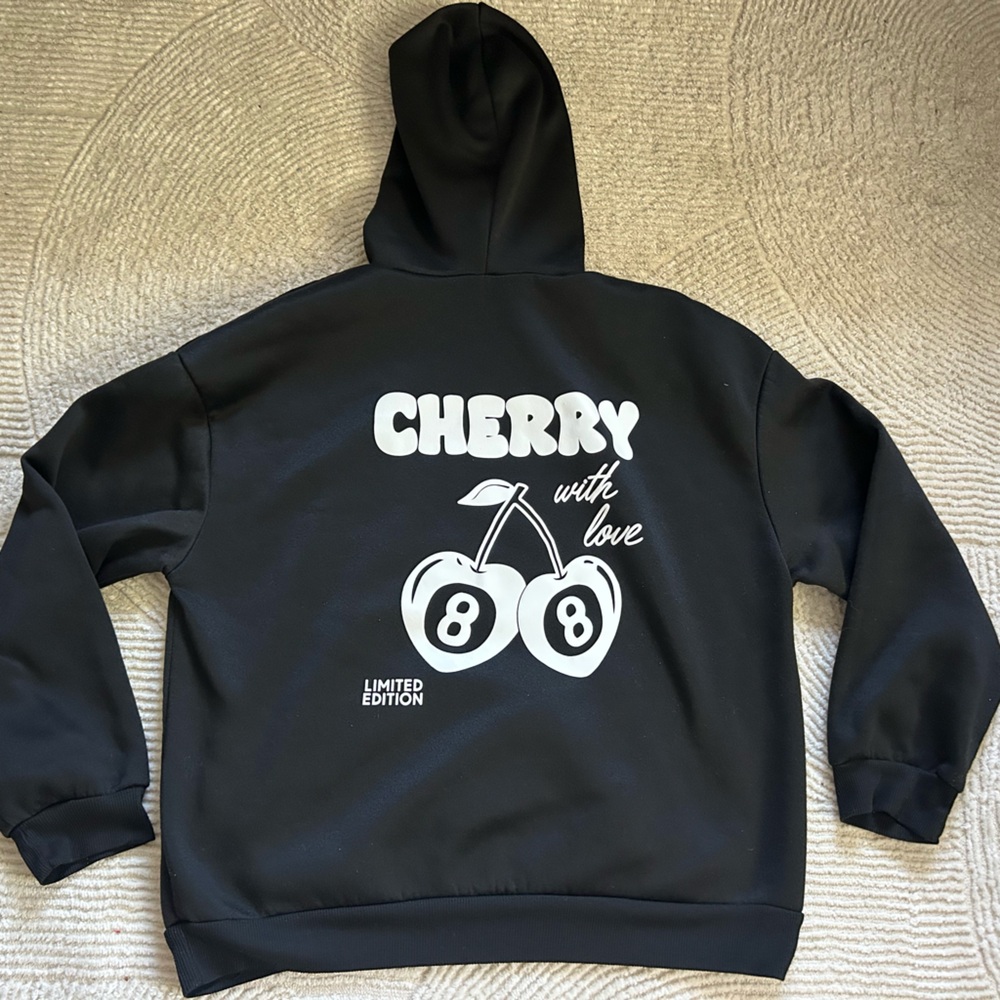 Black Hoodie with Cherry Graphic